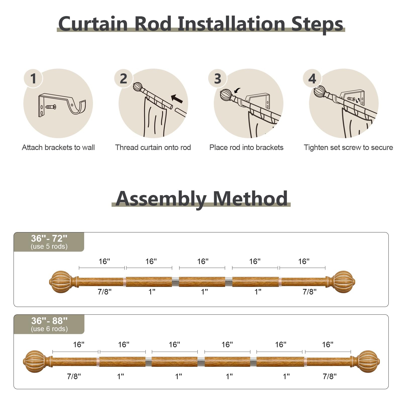 Imitation Wood Curtain Rods for Windows 48 to 84 Inch, 1 Inch Adjustable Heav…