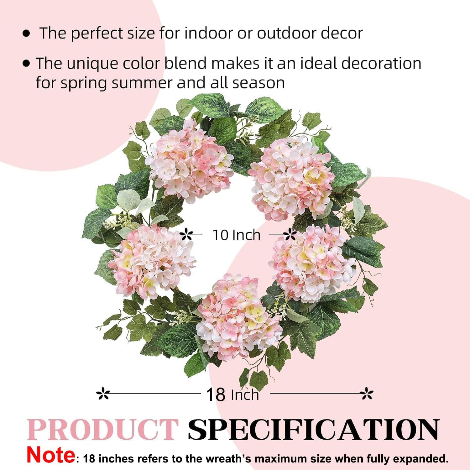 Hometrance Pink Hydrangea Spring Wreath, 18 Inch Outdoor Summer 20iinch,