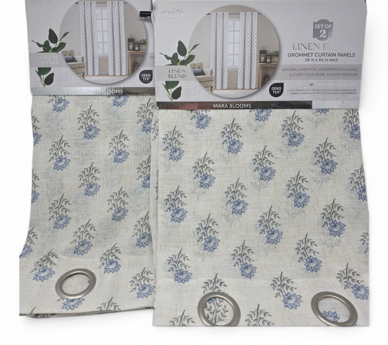 Colordrift Set of 4 Linen Blend Floral Curtains 38×84 Grommet Oeko-Tex NEW