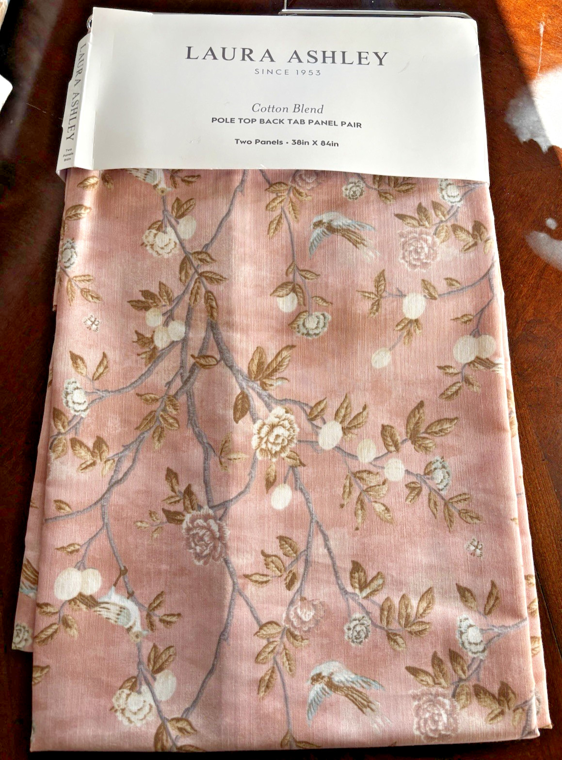 Laura Ashley Window Curtains 2 Panels 38 x 84 Birds Rose Pink Brown Back Tab New