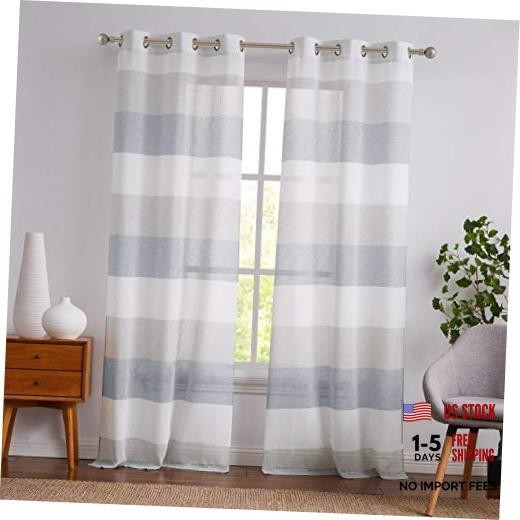Gray and Smoke Blue Stripe Sheer 40″W x 108″L (Pack of 2) Gray/Smoke Blue