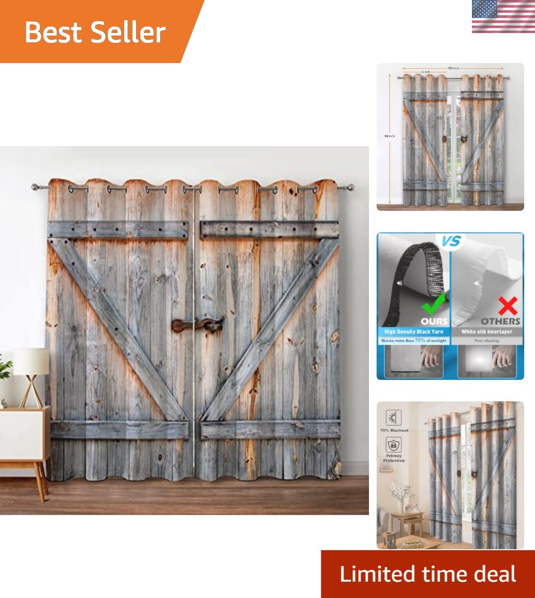 Cozy Wood Barn Door Blackout Curtains – 52″w x 84″l Grommet Drapes for Any Room