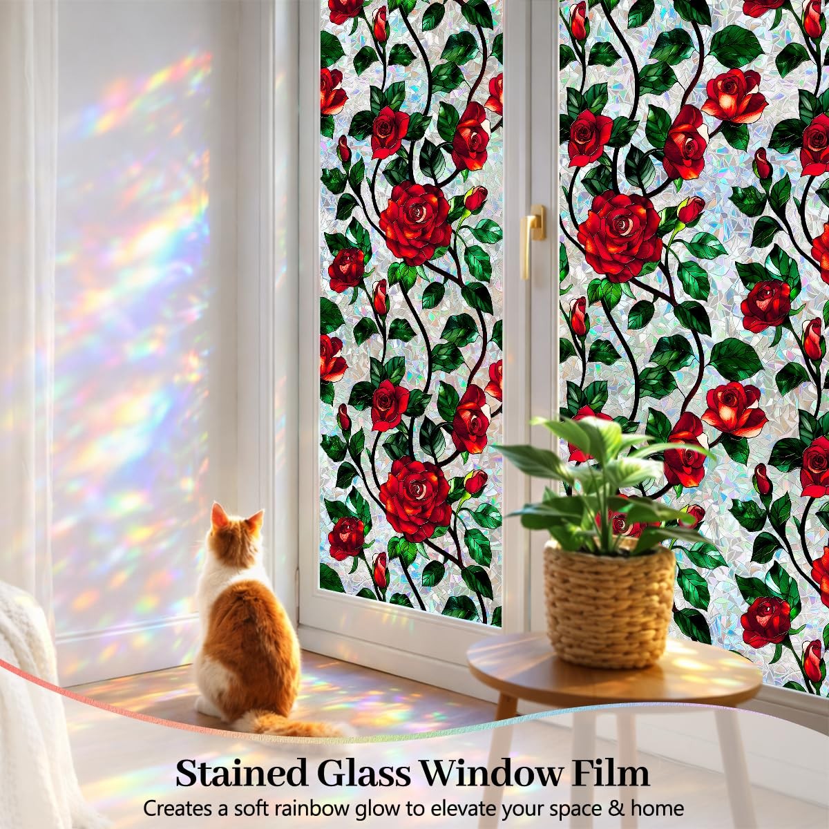 Stained Glass Window Film 29.5 x 78.7 in, Red Rose Floral Decorative Window P…