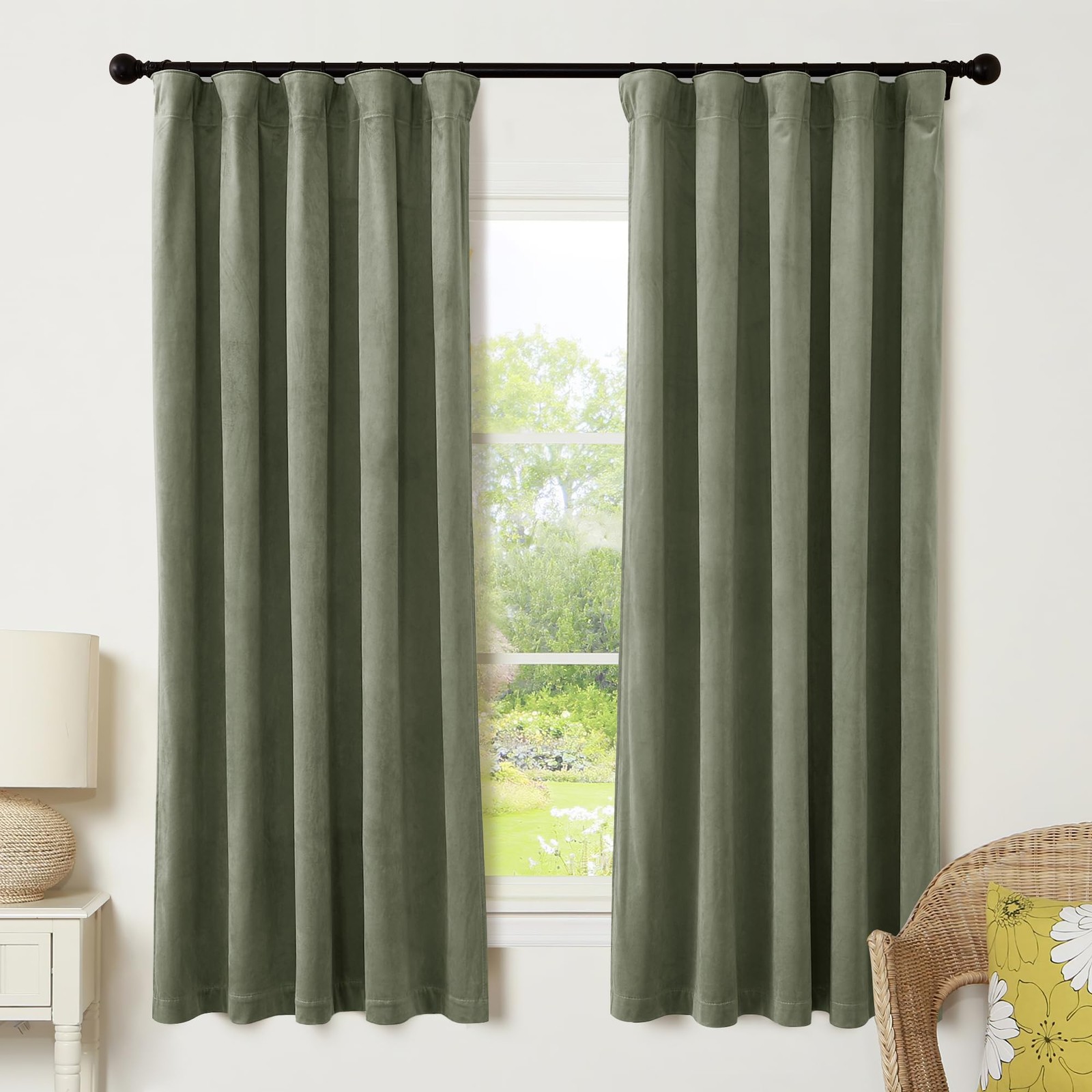 RYB HOME Velvet Curtains 52×72 Sage Green 2 Panels Thermal Insulated Drapes