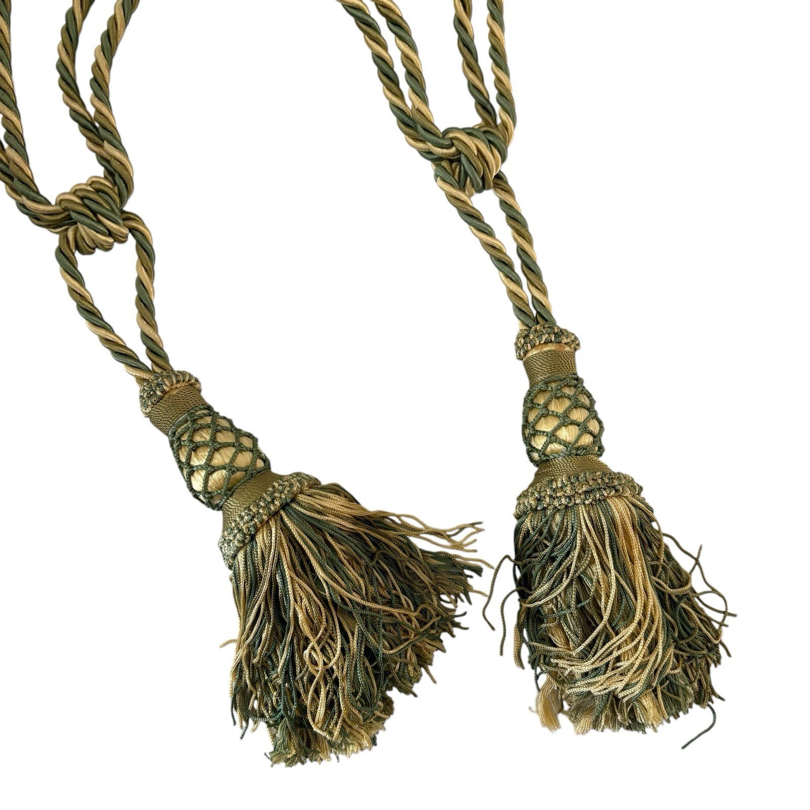 2 Decopro Drapery Curtain Tiebacks Green & Gold Woven Braided Knot Tassels