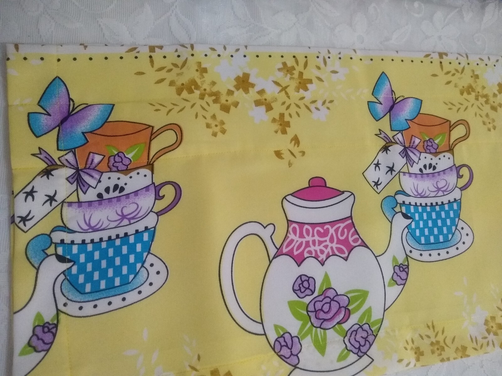 Teapot Kitchen Valance 12″ & 14″ Teacup Prints Teatime Lined Kitchen Valance