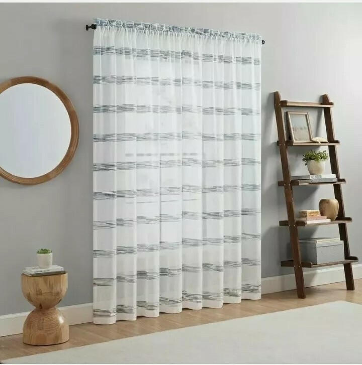VUE ELEMENTS Kyoto Semi-Sheer Striped Single Curtain Panel White Blue 84″ New