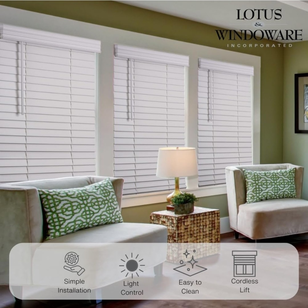 Lotus & Windoware Cordless, 2 Inch Faux Wood Blind, 28″ Wide x 36″ Long, Window