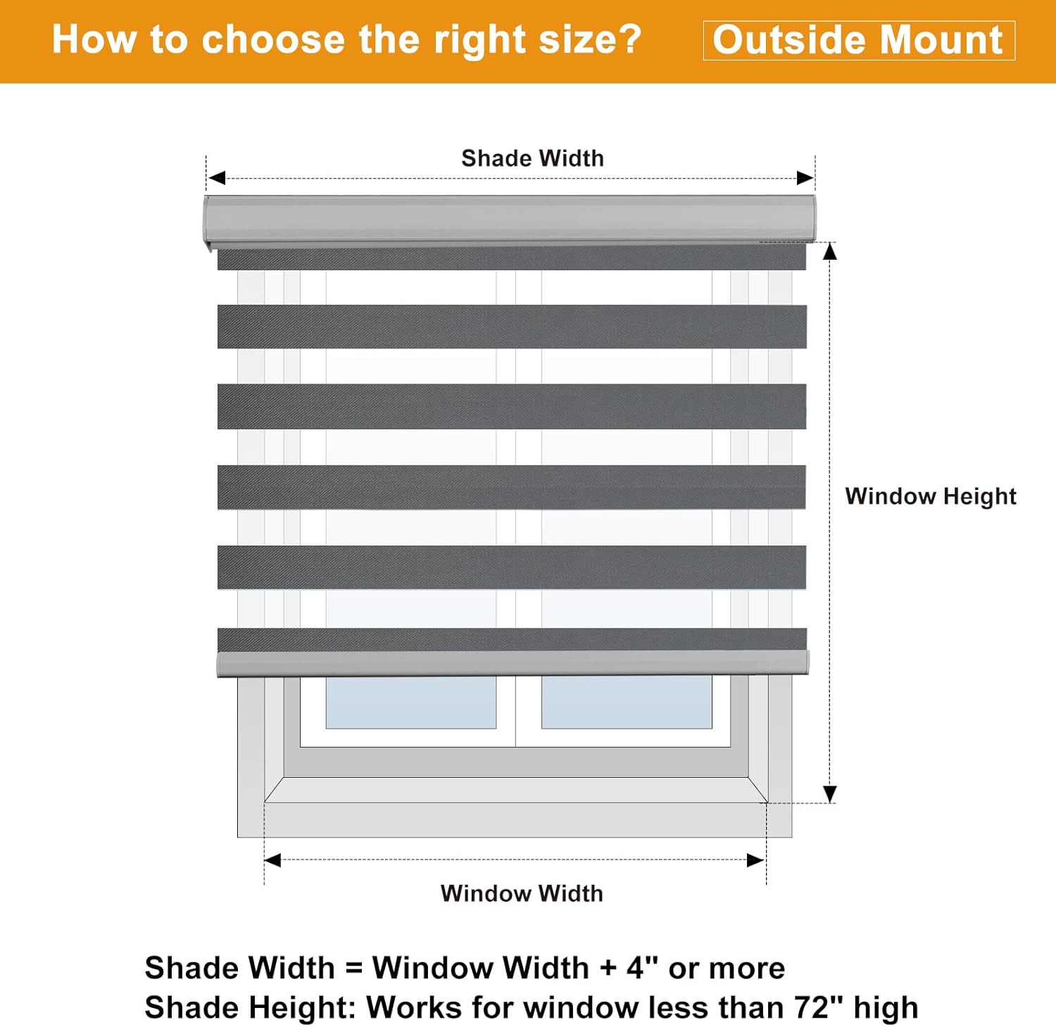 Zebra Shades Free Stop Roller Shades for Windows (45″ W X 72″ H, Grey) Cordless