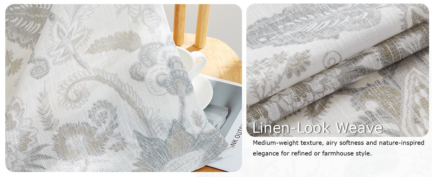 Floral Leaf Print Light Filtering Curtains Grey Linen Botanical Leaf Flower