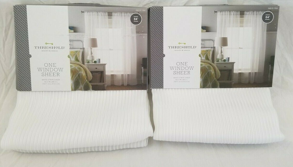 2 Threshold White Stripe Sheer Panels (1 Pair) 108″ x 84″ NIP
