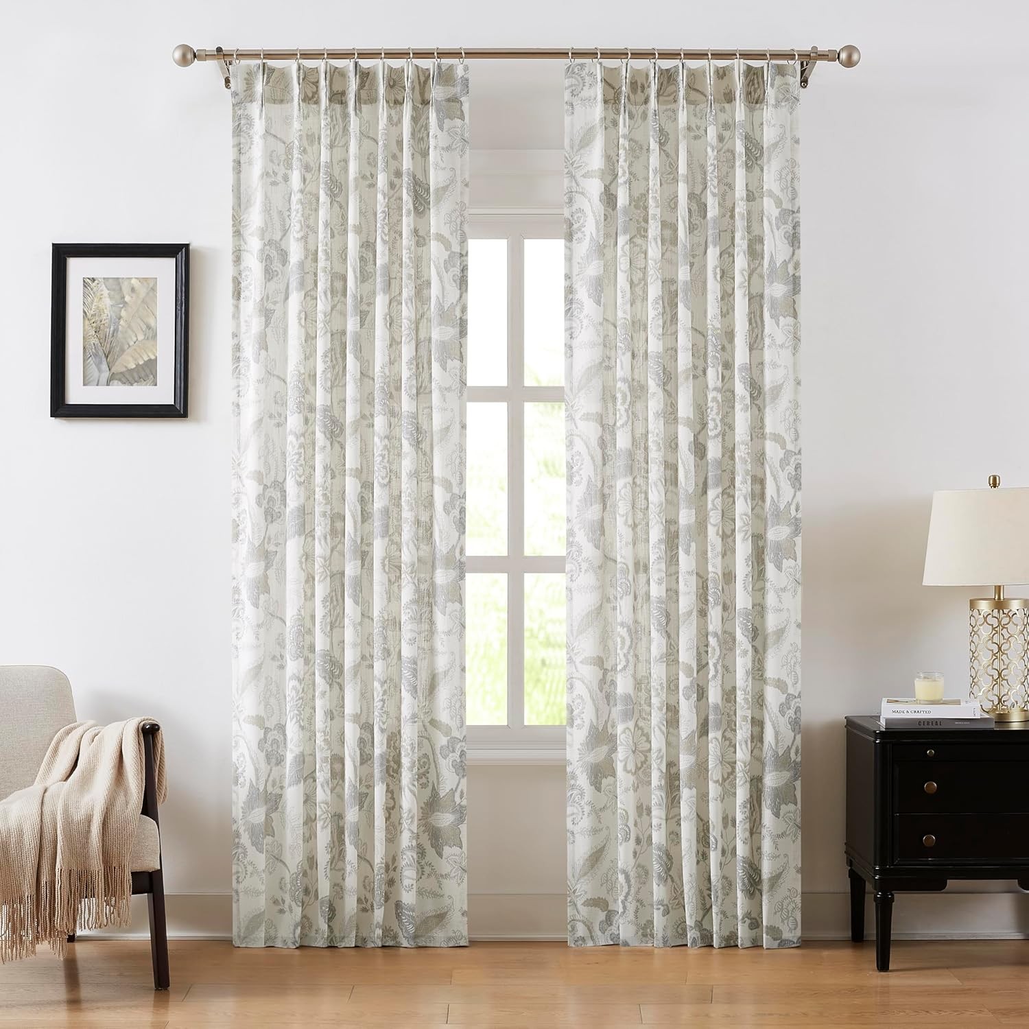 Floral Leaf Print Light Filtering Curtains Grey Linen Botanical Leaf Flower