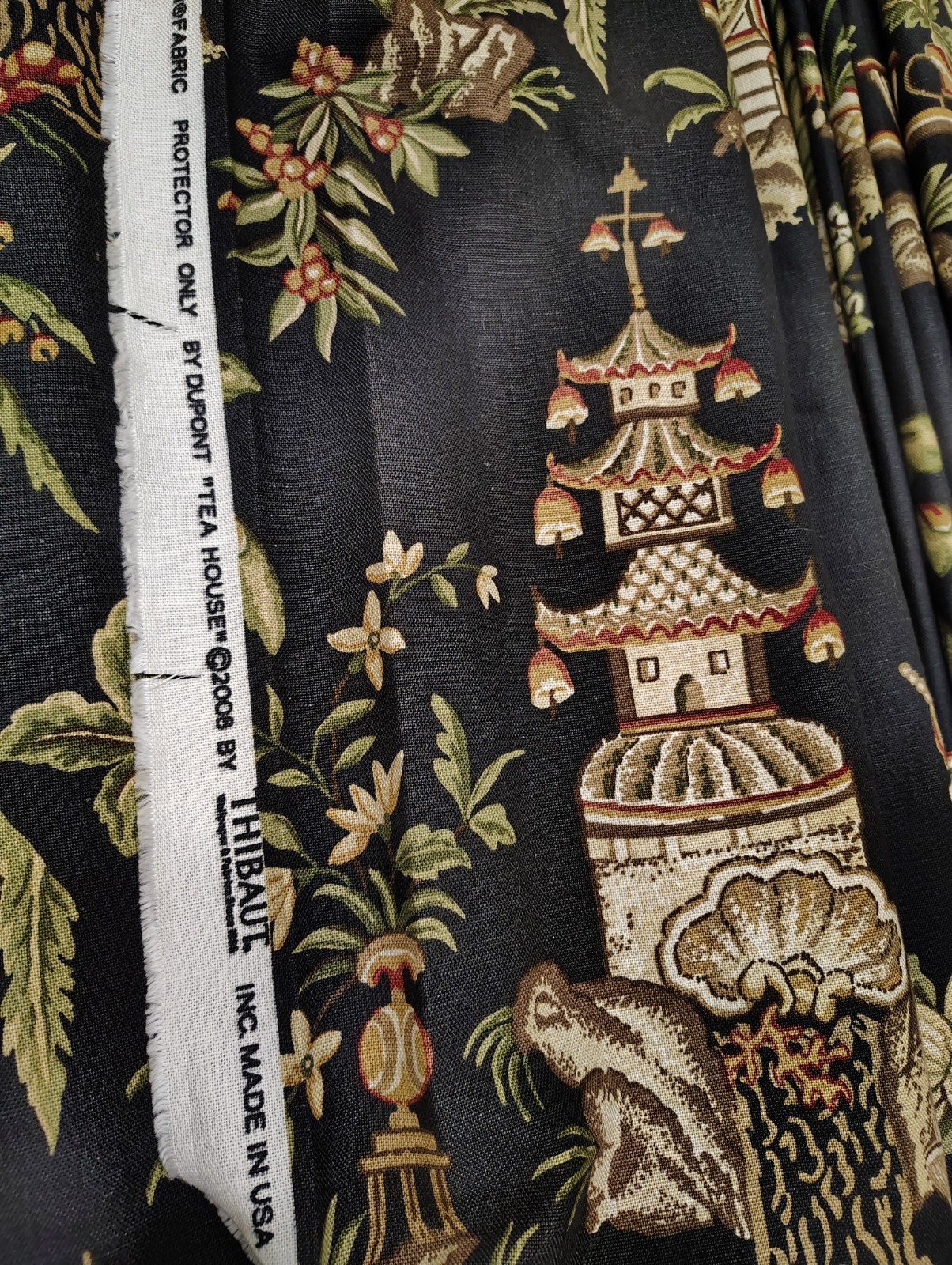 New Custom DRAPES Thibaut Tea House Asian Pagoda 2 pc Lined Pleats 100″ lg Black
