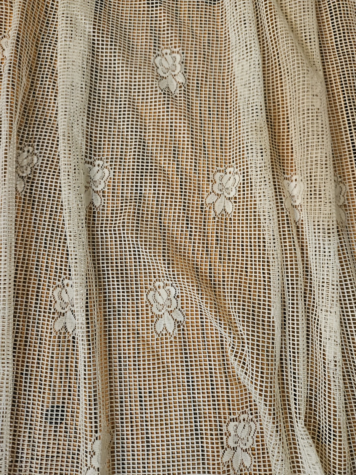 Vtg Off White Sheer Floral Lace Pattern (3) Curtain Panels 46″W*x56″L with Rings