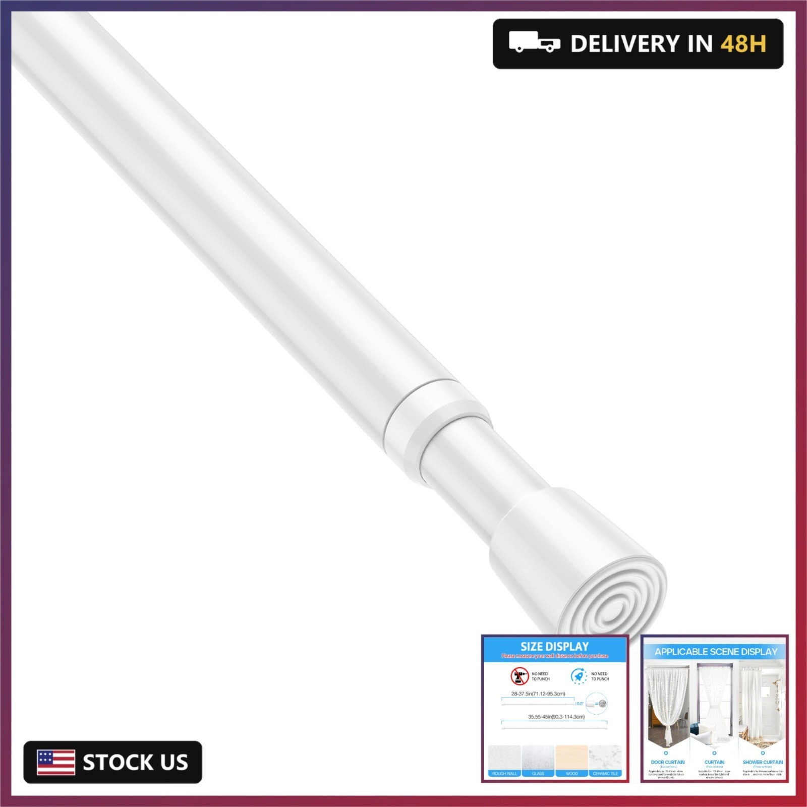 Spring Tension Rod 28-45IN, No Drill 1 Pack 5/8″ White Curtain Rod
