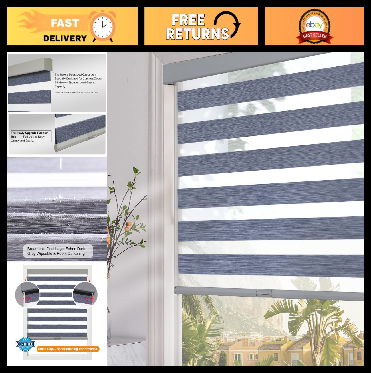 Cordless Zebra Blinds 24″x72″ Dark Grey – Blackout Dual Layer Sheer Shades, Ther