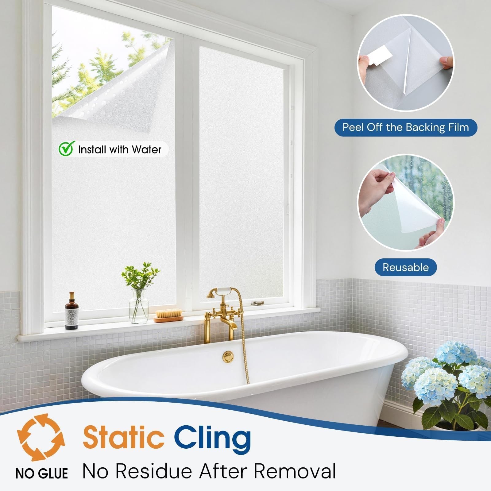 Frosted Glass Window Privacy Film – UV Blocking, Static Cling, Removable, 17.5″