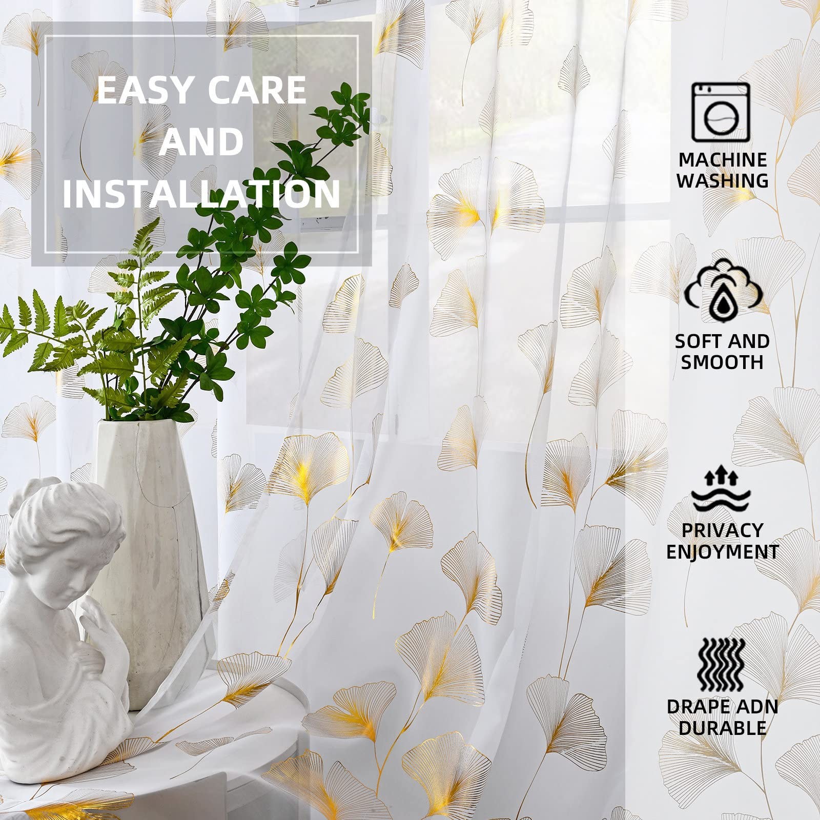 Gold Foil Print Voile Sheer Curtains, Leaves Grommet Top Window Drapes 84 Inc…