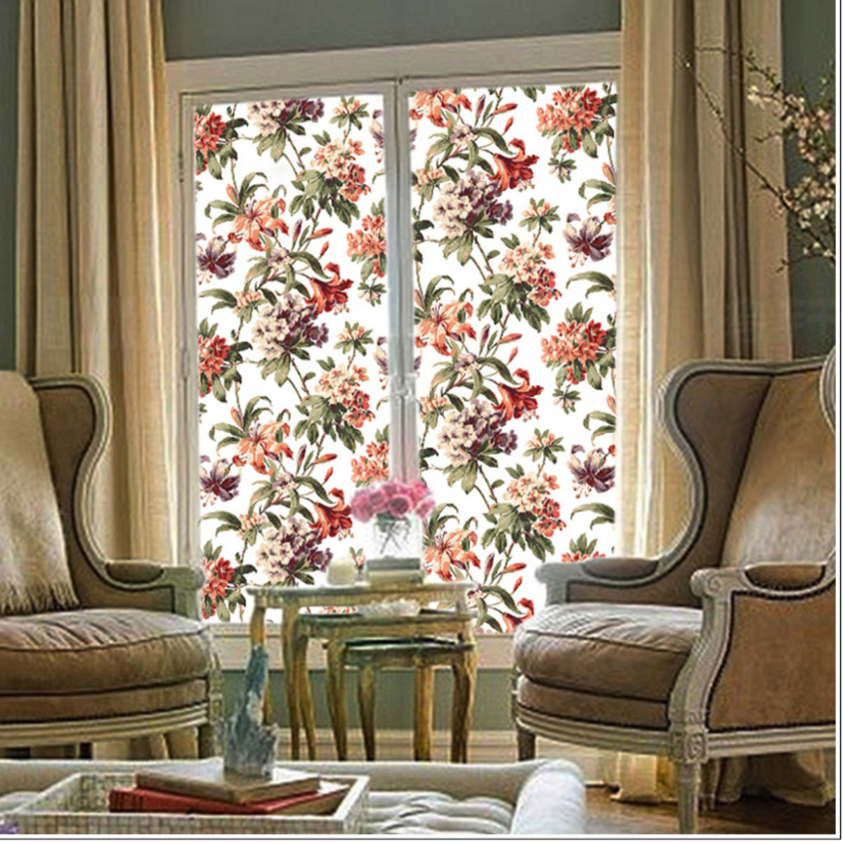 Stained Window Privacy Film Flower Glass Sticker Decorative Static No Glue Retro