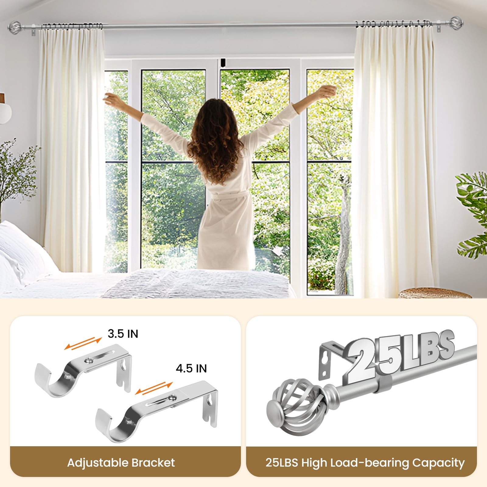 Luvenia Silver Decorative Curtain Rods, 28 to 48 Inch 28-48″(1 Pack),