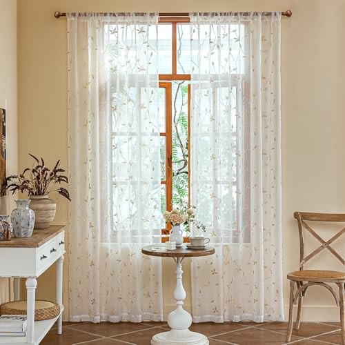 2 Panels Embroidered Leaf Pattern Semi 53″W x 84″L (Pack of 2) White Beige