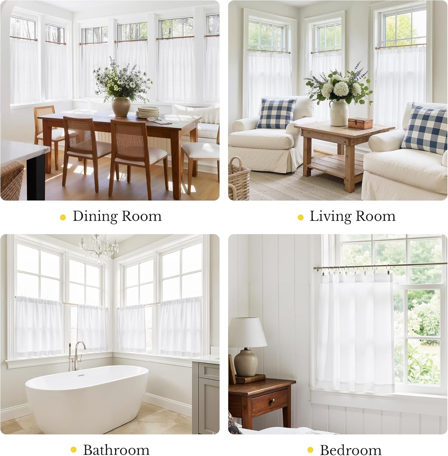 Light Filtering White Kitchen Curtains 30 inches Long 2 Panels, Privacy Non-See