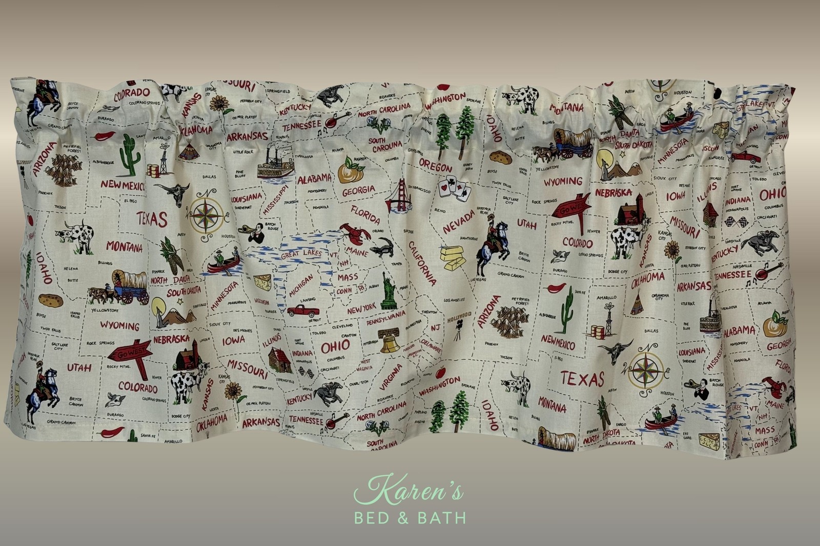 USA Map Valance – United States Americana Curtain – Novelty States Print
