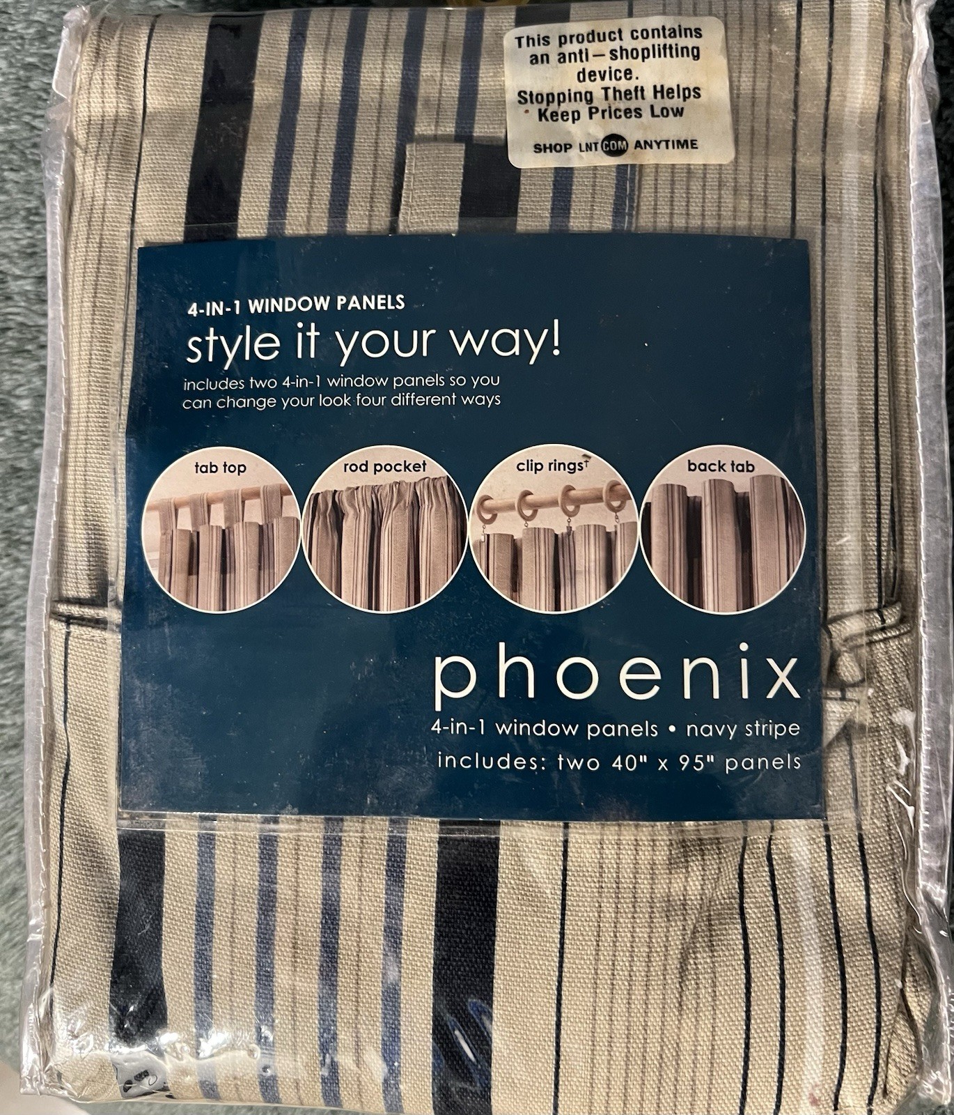 FREE SHIPPING Phoenix 4-in-1 Window Panels Navy Stripe 40×95 100% Cotton