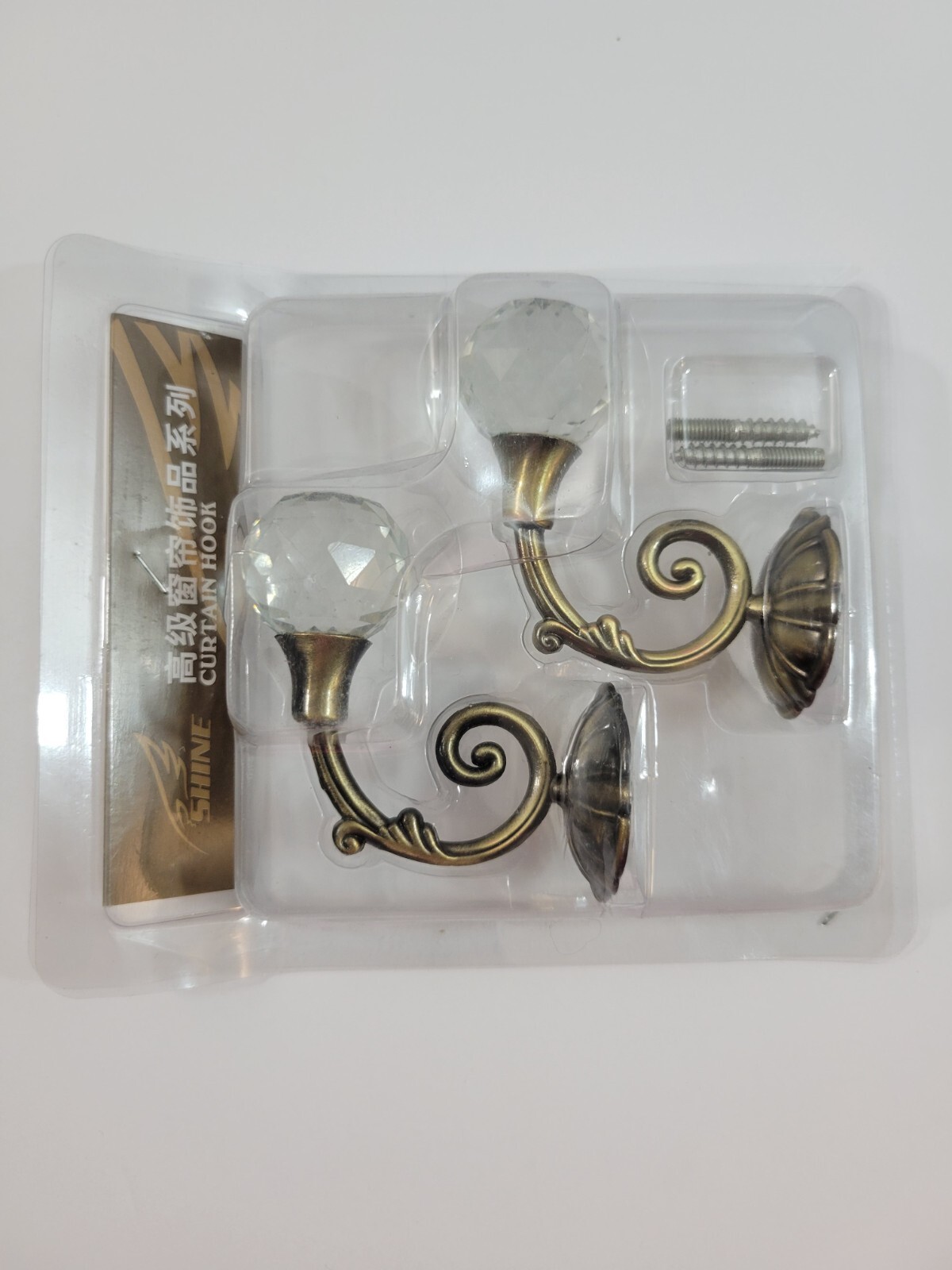 2 Pk Curtain Holdbacks Clear Acrylic Knobs Antique Brushed Brass Metal Small 3″