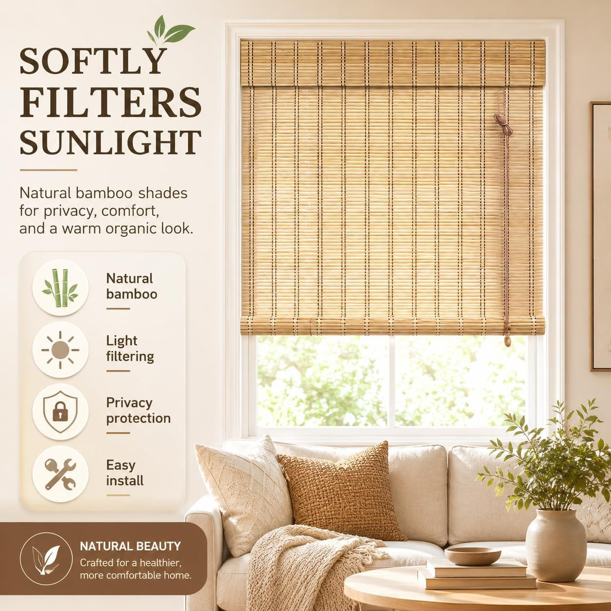 No Drill Bamboo Blinds for Interior Windows, Bamboo Shades for Indoor Windows, R
