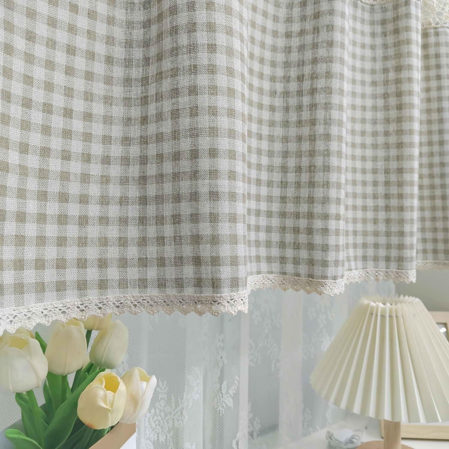 Vintage Buffalo Plaid Valance Stitching Crochet Kitchen Short Curtain Tier Li…