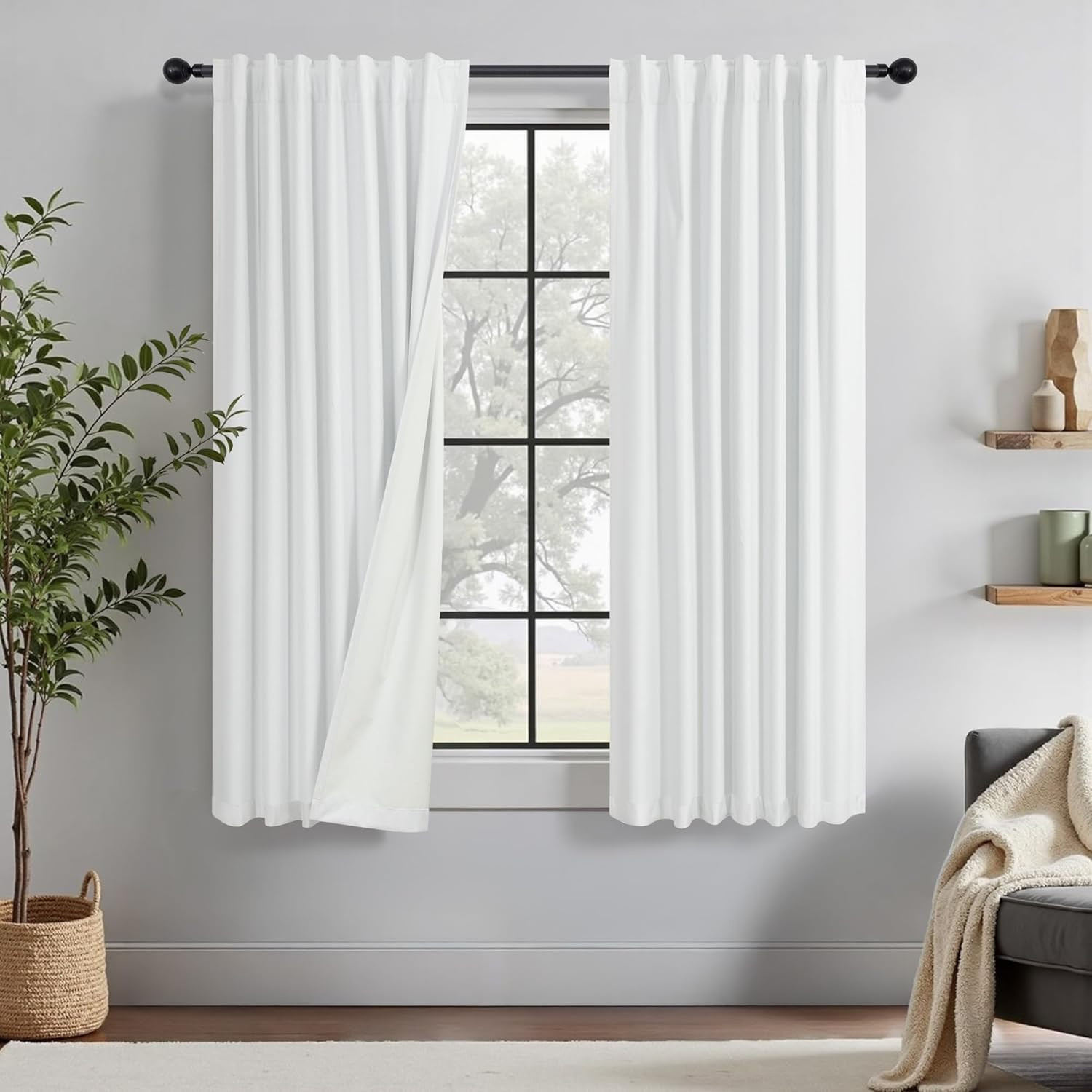 Thermal Blackout Curtains 68″ Long 2 Panels White Linen for Bedroom & Nursery