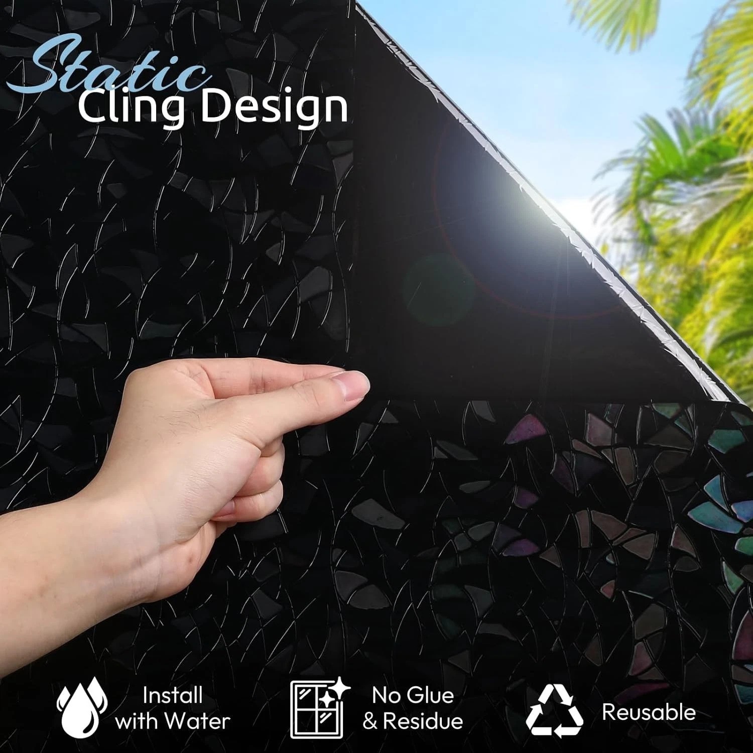 Black 3D Stained Glass Window Film: Room Darkening & UV Protection, 17.5×157.4in