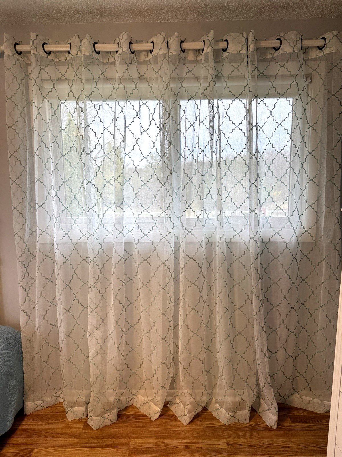 Sonoma 4 Sheer Window Curtain Panels Fret Embroidery White Green 84″ Long