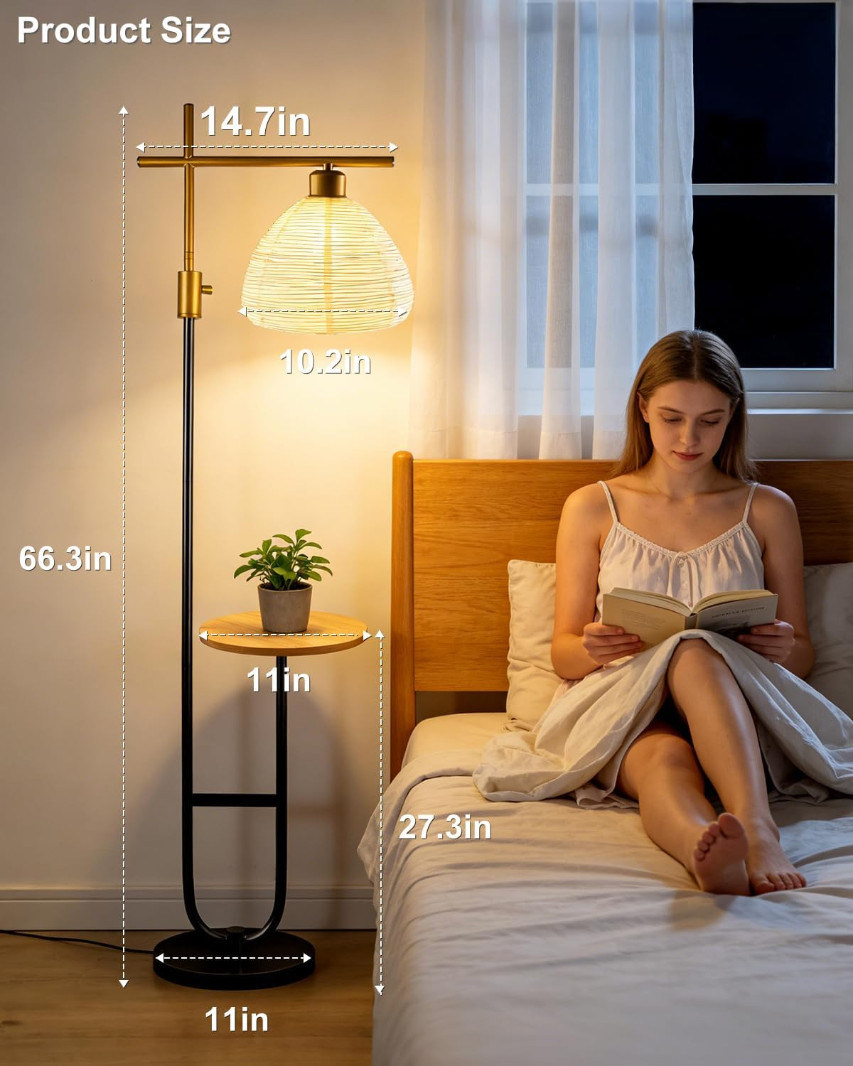 Gold & Black Dimmable Floor Lamp with Storage Table for Living Room/Bedroom