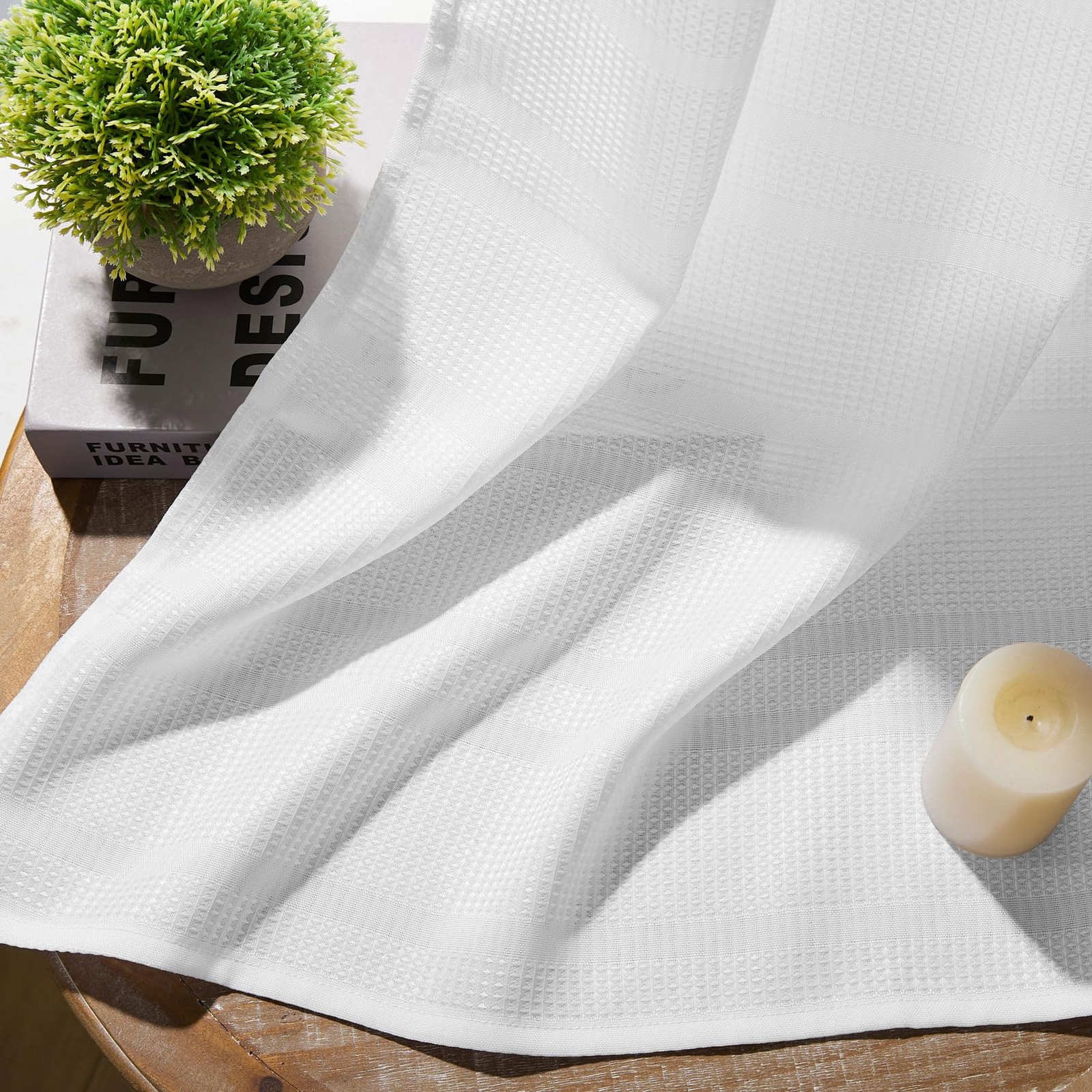White Stripe Waffle Bathroom Window Curtains,30 W x 45 L Inch