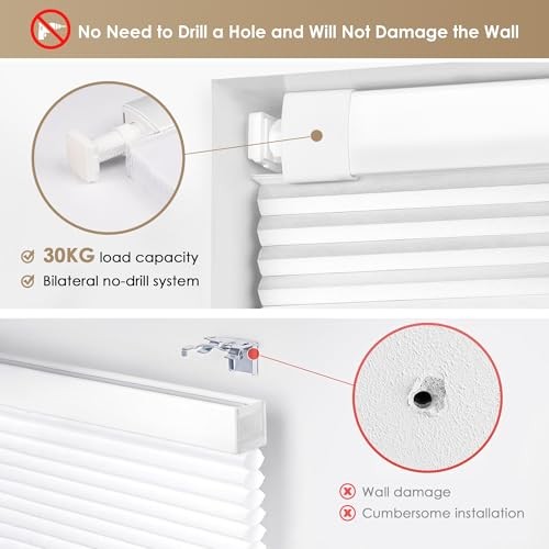 No Tools No Drill Cordless Cellular Shades, 20″ W x 36″ H Blackout-white
