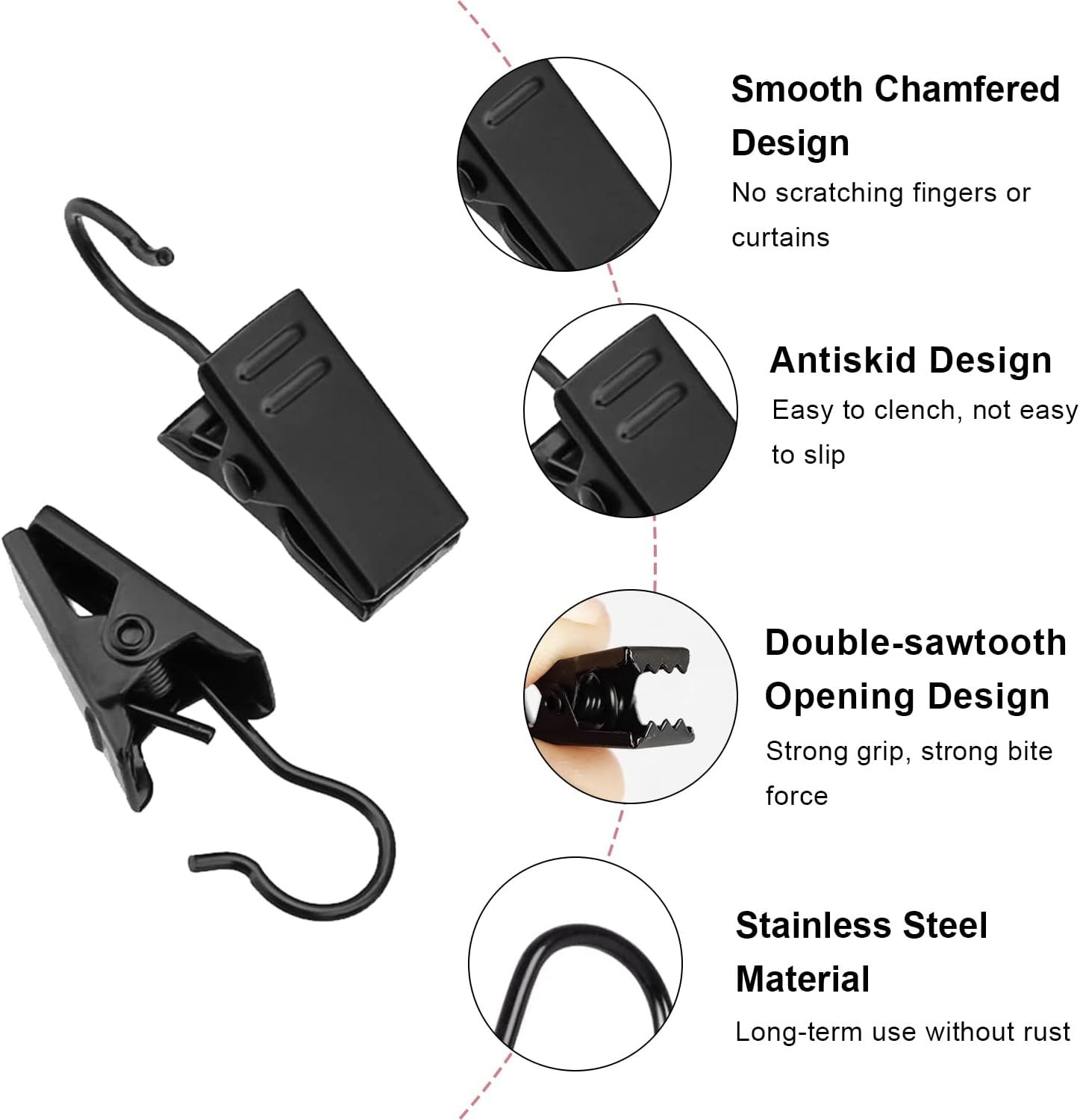 Elegant 60-Pack Black Curtain Clips – Durable Metal Hooks for Indoor/Outdoor Use