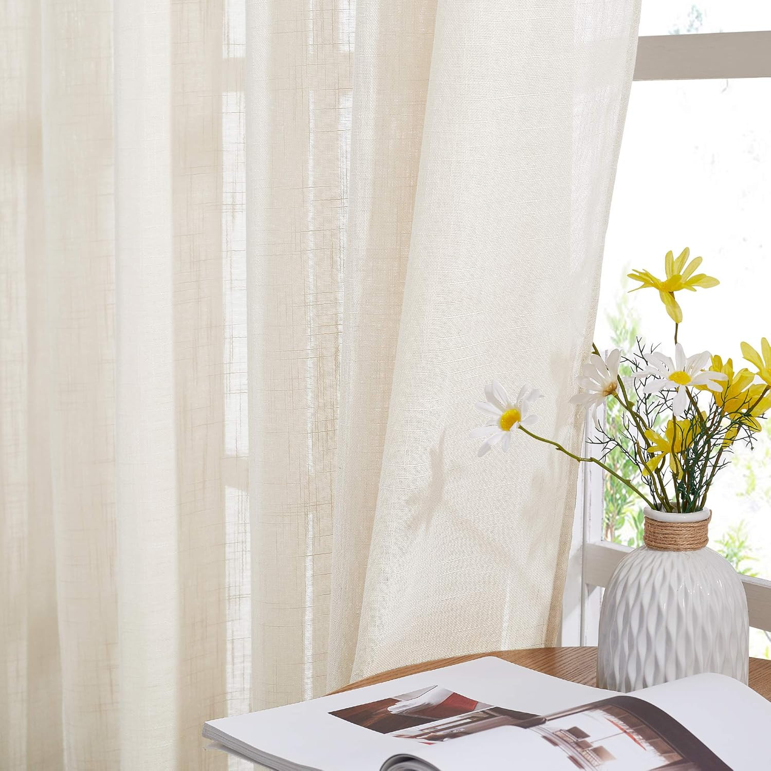 Linen Textured Sheer Curtains – Extra Wide 100″W x 84″L (Pack of 1) Beige