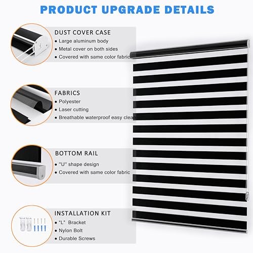 Custom Sizeout Zebra Blinds, Dual Layer Free-Stop, Room 20″W x 72″H Black