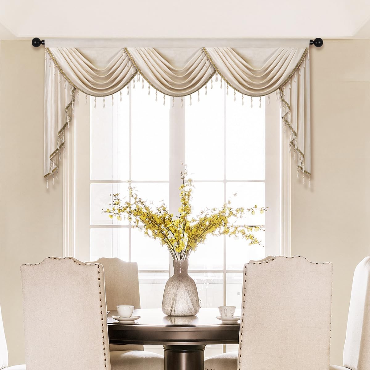 Elkca Luxury Cream Velvet Curtain Valances For Living Room Beads98Inch1 Panel