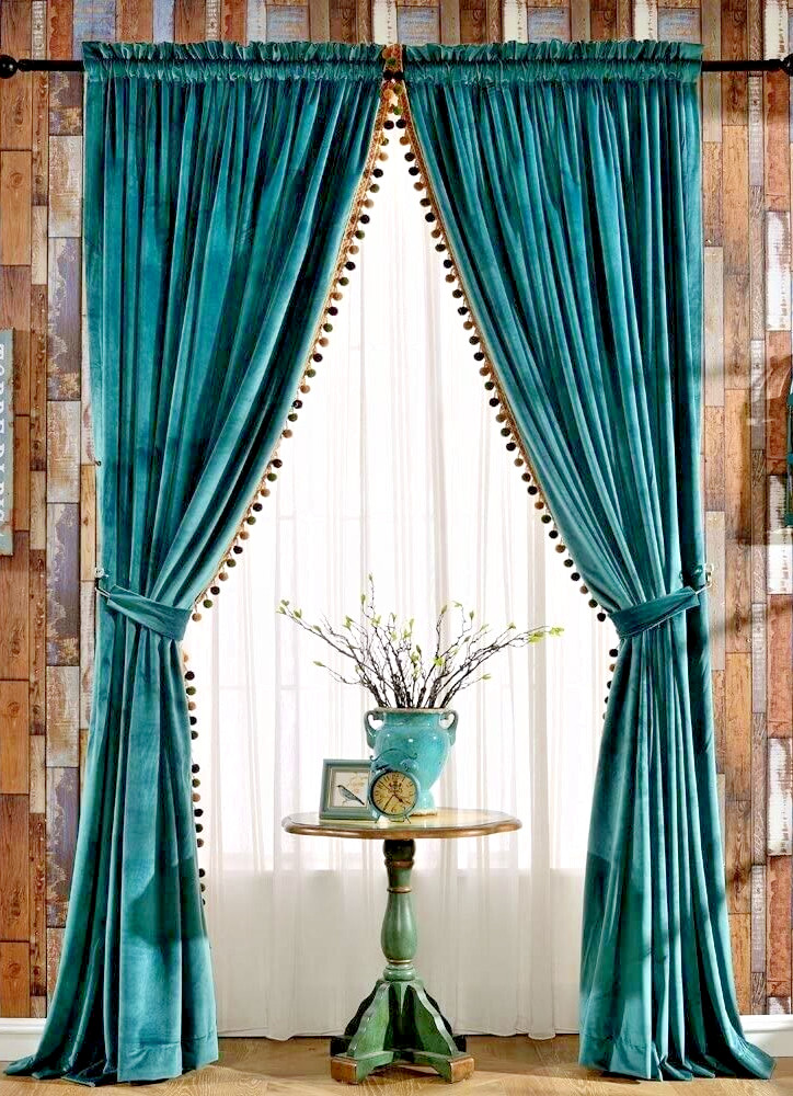 Luxury Velvet Drapes Curtains Thermal Insulated Melodieux Pom Poms