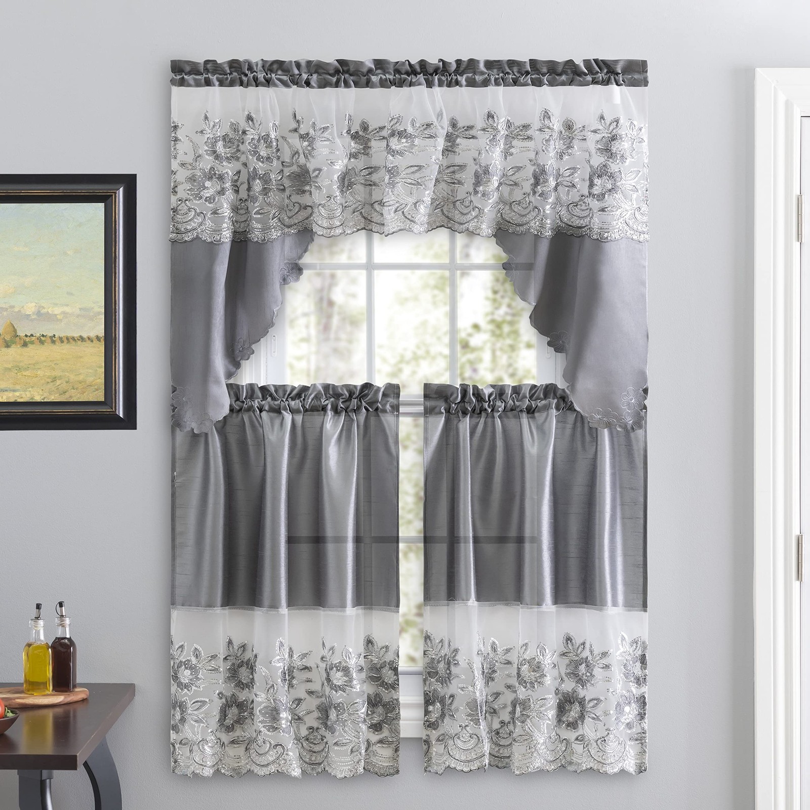 3-Piece Sequin Embroidered Café Curtain Set