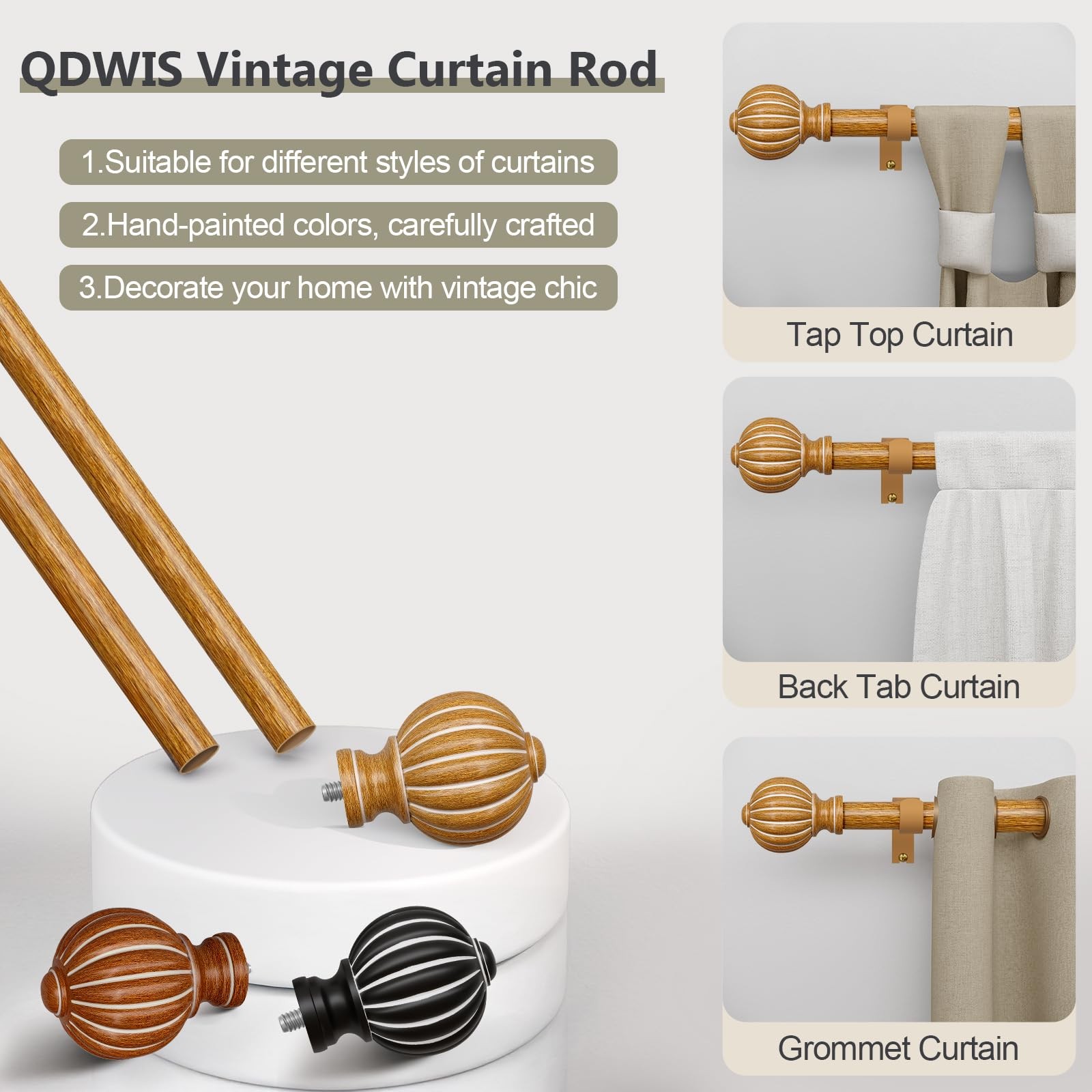 Imitation Wood Curtain Rods for Windows 48 to 84 Inch, 1 Inch Adjustable Heav…