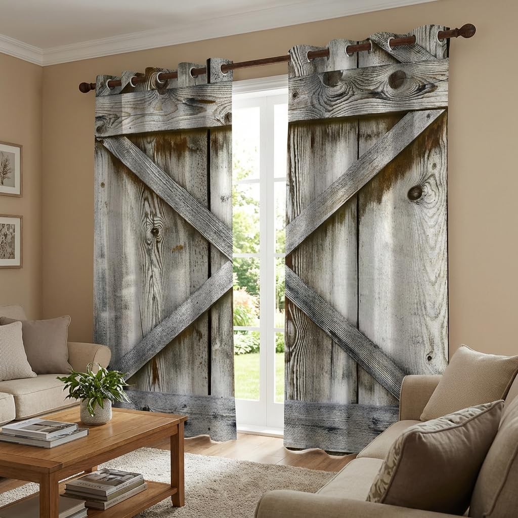 Barn Door Blackout Curtains – Rustic Wood Farmhouse Country Style Window Drap…