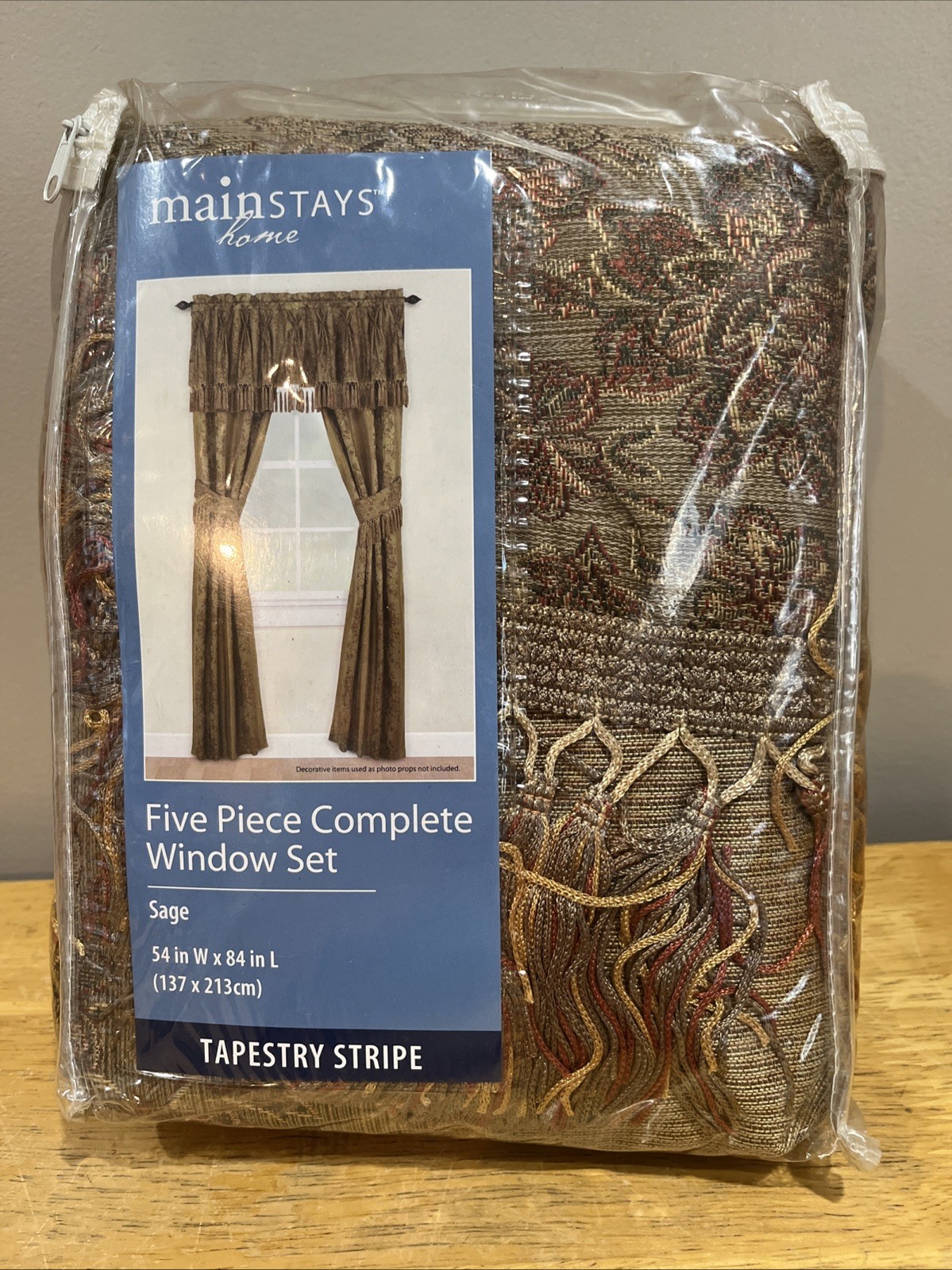 Mainstays Home Tapestry Stripe Five Piece Window Set Tan Red Sage 54×84″ NEW