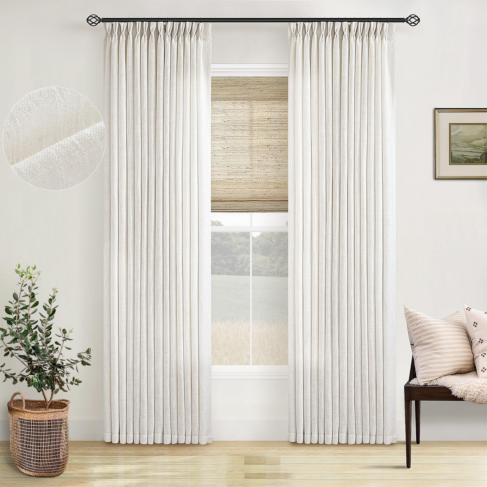 Pinch Pleated Linen Curtains 96 Inches Long for Living Room 2 Panel Set Cream…