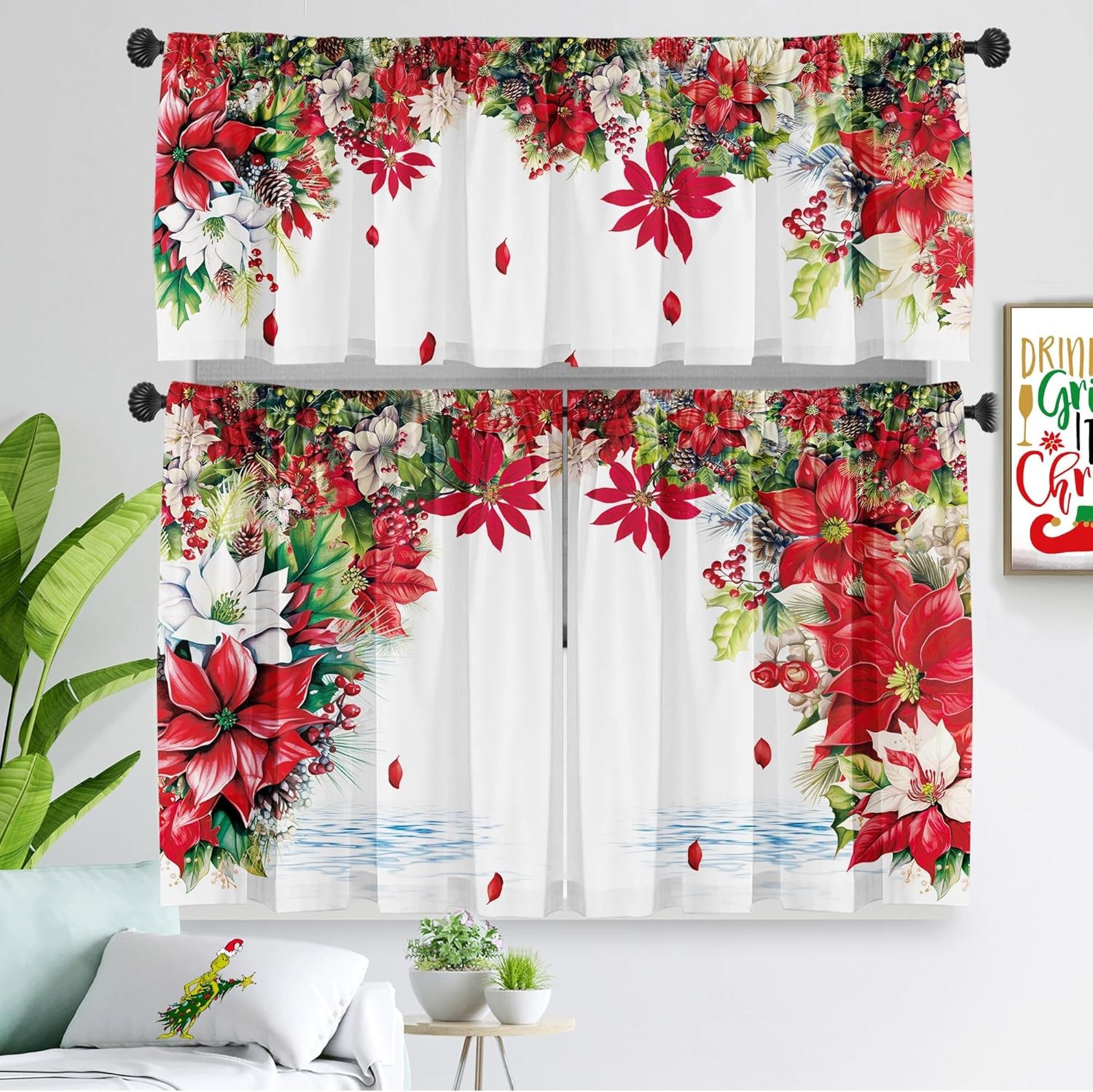 Christmas Poinsettia Curtain Valances 3 Piece Set Upper Curtain 52” Lx18”
