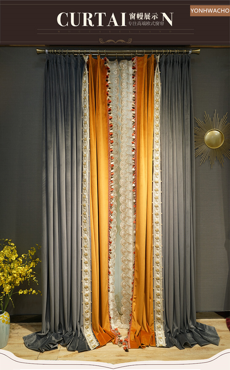 luxury thick velvet dark gray orange embroidery cloth blackout curtain C618