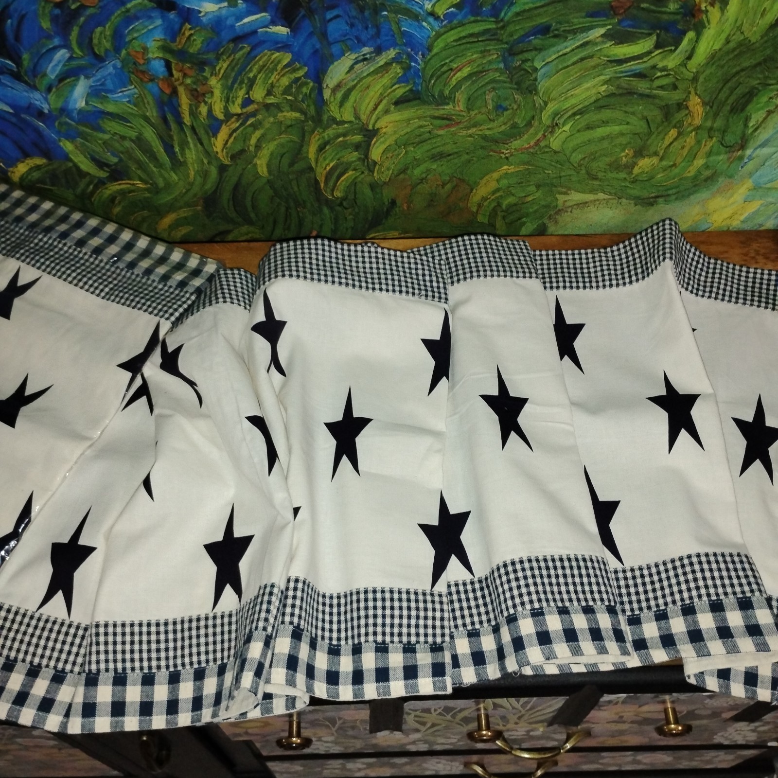 2 Primitive Farmhouse Navy Blue Plaid & Star Valance Curtain Pair 15.5″ X 58.5″